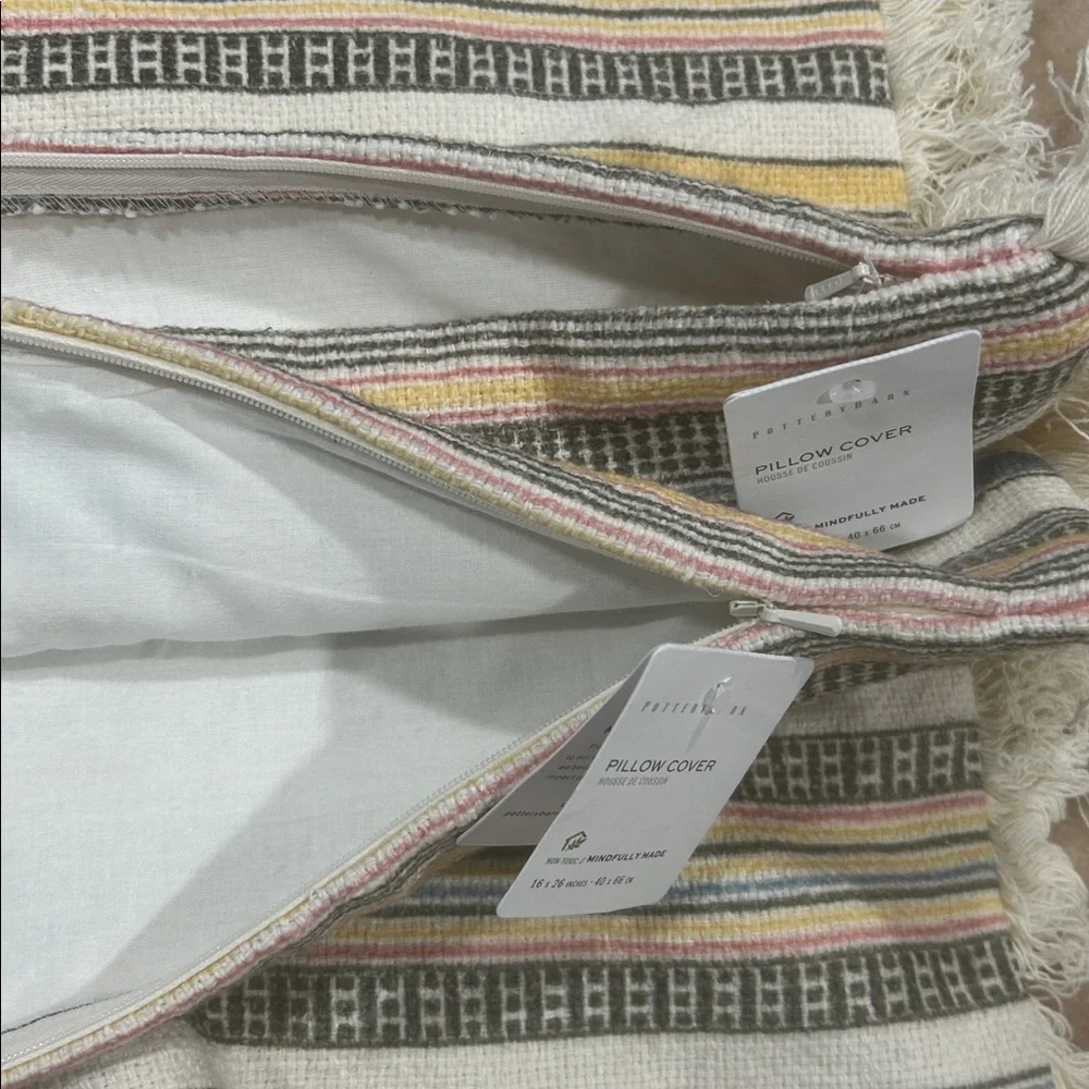 Pottery Barn Cassidy Striped Lumbar Pillow Covers Set/2 16x26 Cotton Linen woven